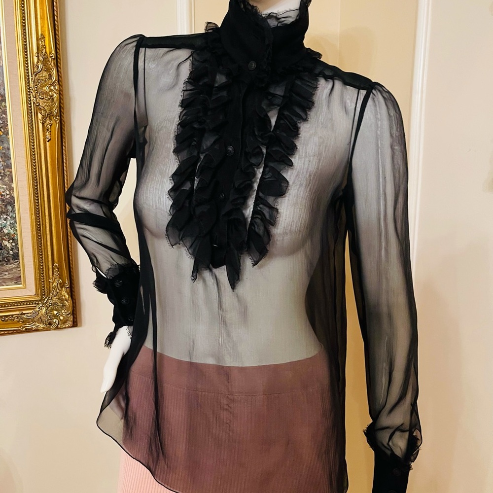 CHANEL  AUTENTIC  SHEERS RUFFLED TURTLENECK BLOUSE MADE IN ITALY  SIZE 36 - Picture 8 of 16